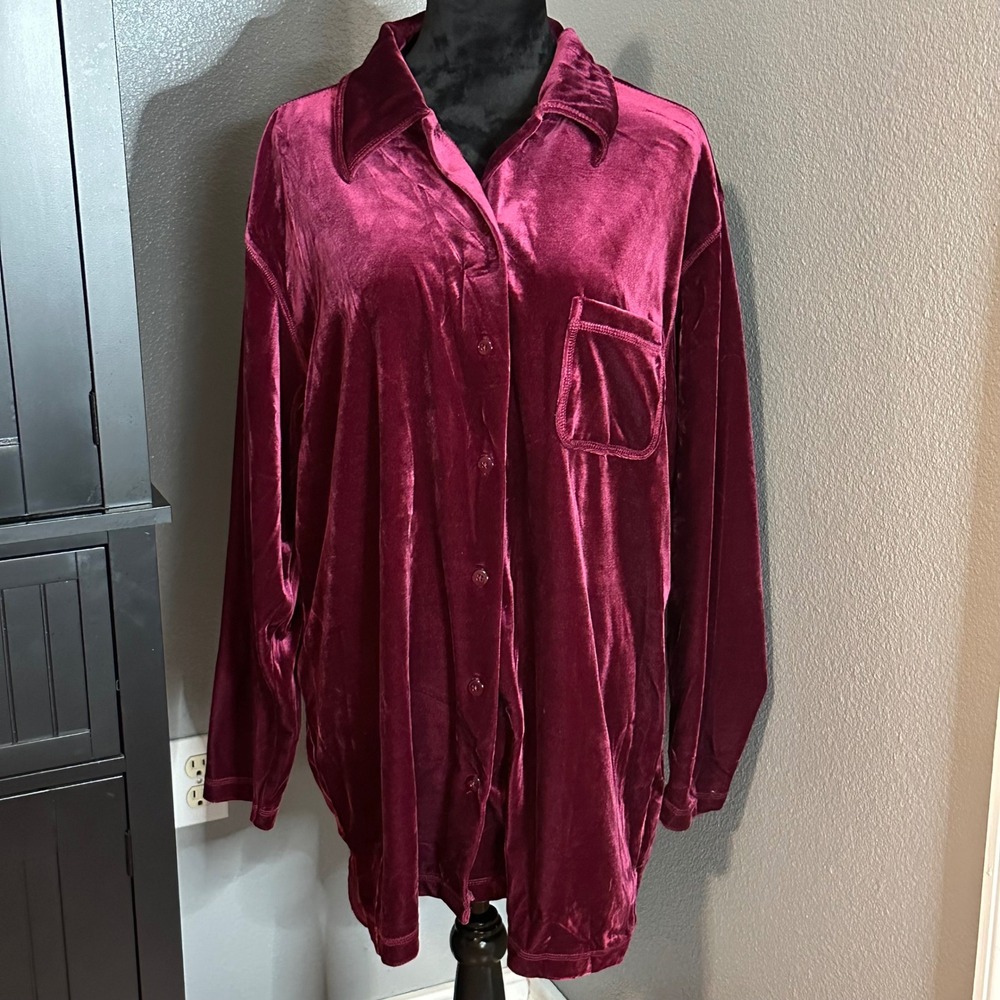 Willow Bay Velvet Blouse Large Burgundy Button Up Tunic Long Sleeve Holiday Top
